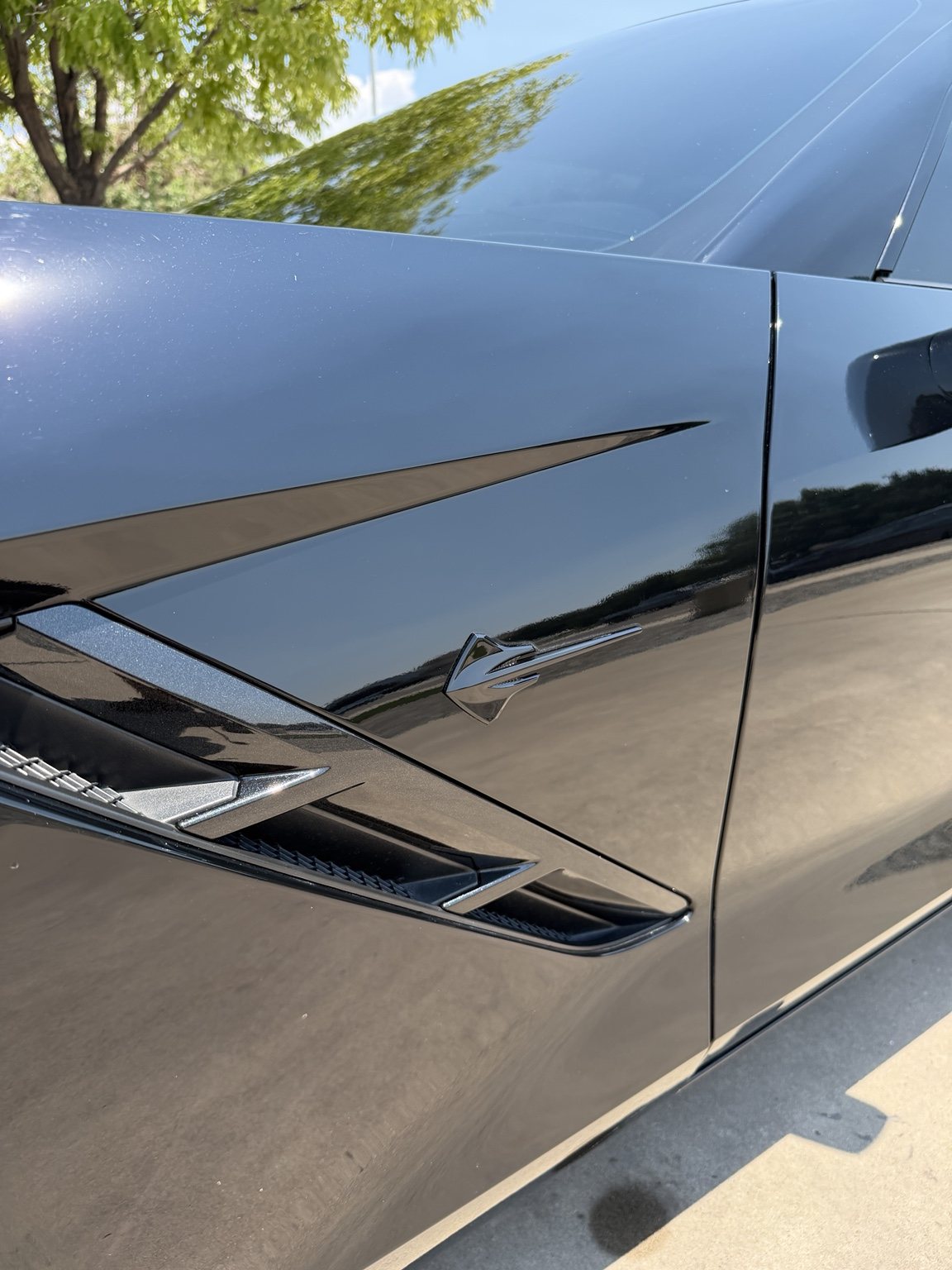 Black Corvette side panel showing crisp reflections after professional paint polishing